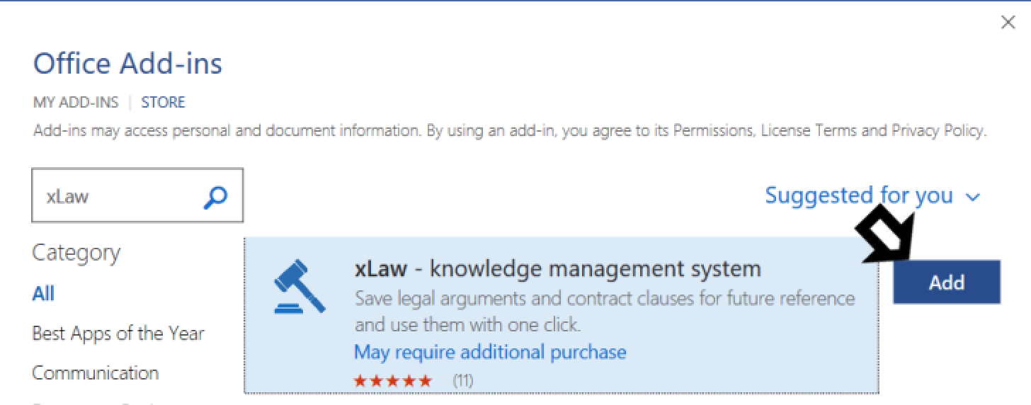 Search xLaw in add-ins